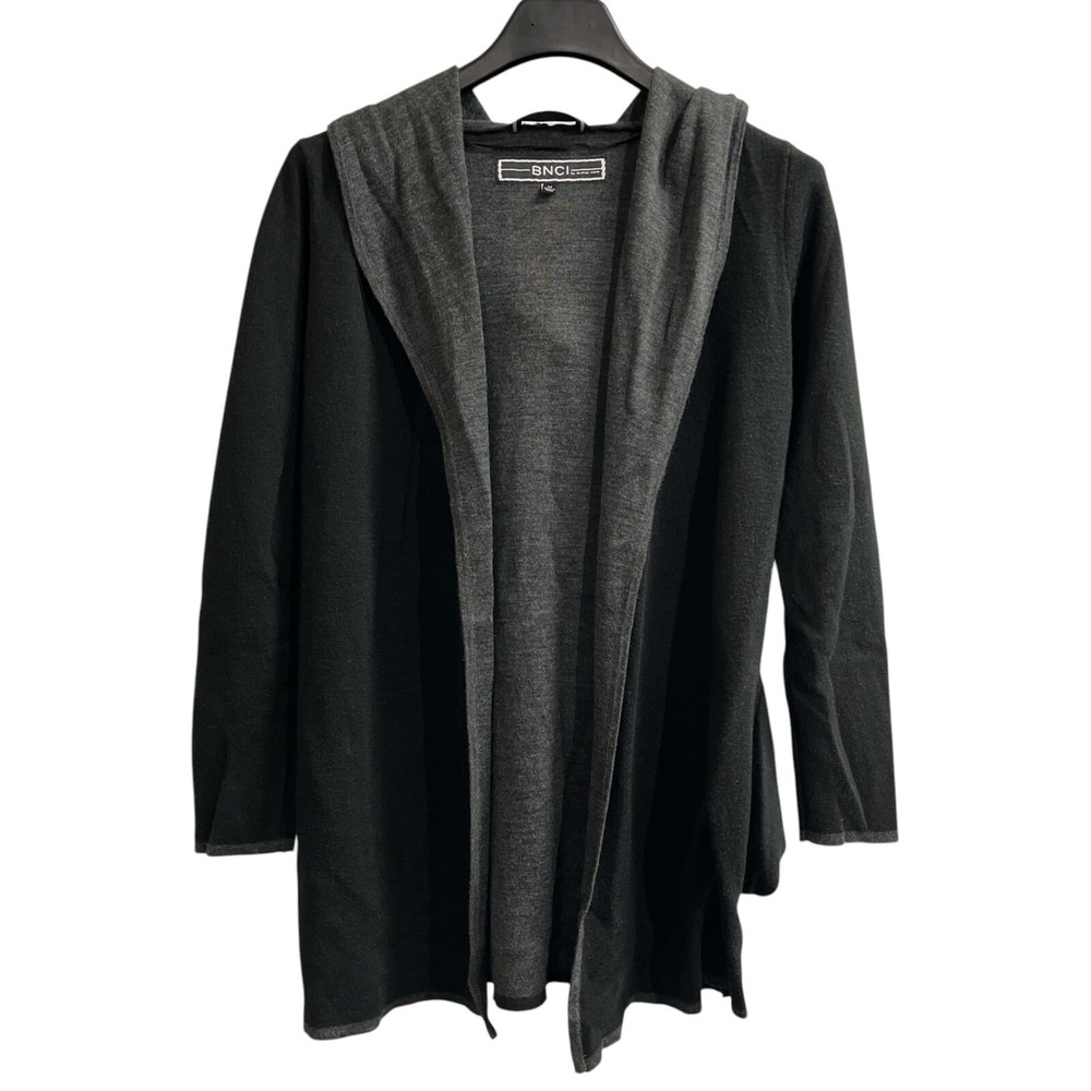 BNCI Blanc Noir Sweater Womens M‎ Black Hooded Cardigan Open Front Wool Blend